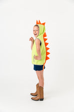 Load image into Gallery viewer, Green dinosaur vest with orange spikes on a child