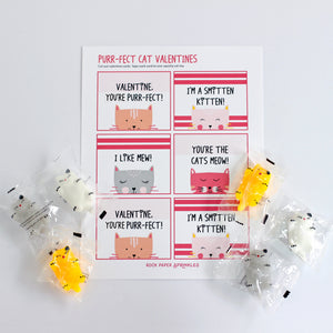 Valentine's Day Card Kit for Kids: CAT Cards + Favors (set of 6)