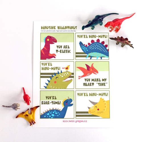 Valentine's Day Card Kit for Kids: DINOSAUR Cards + Favors (set of 6)