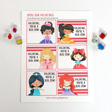 Load image into Gallery viewer, Valentine&#39;s Day Card Kit for Kids: PRINCESS Cards + GEM RING Favors (set of 6)