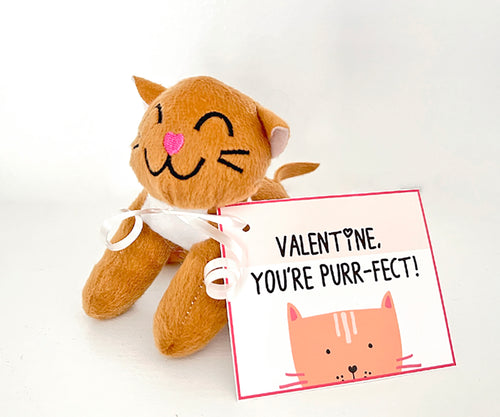 Stuffed Cat Valentines for Kids: Plush Cat Toy + Valentine's Day Cards Kit for Girls + Boys (set of 6)