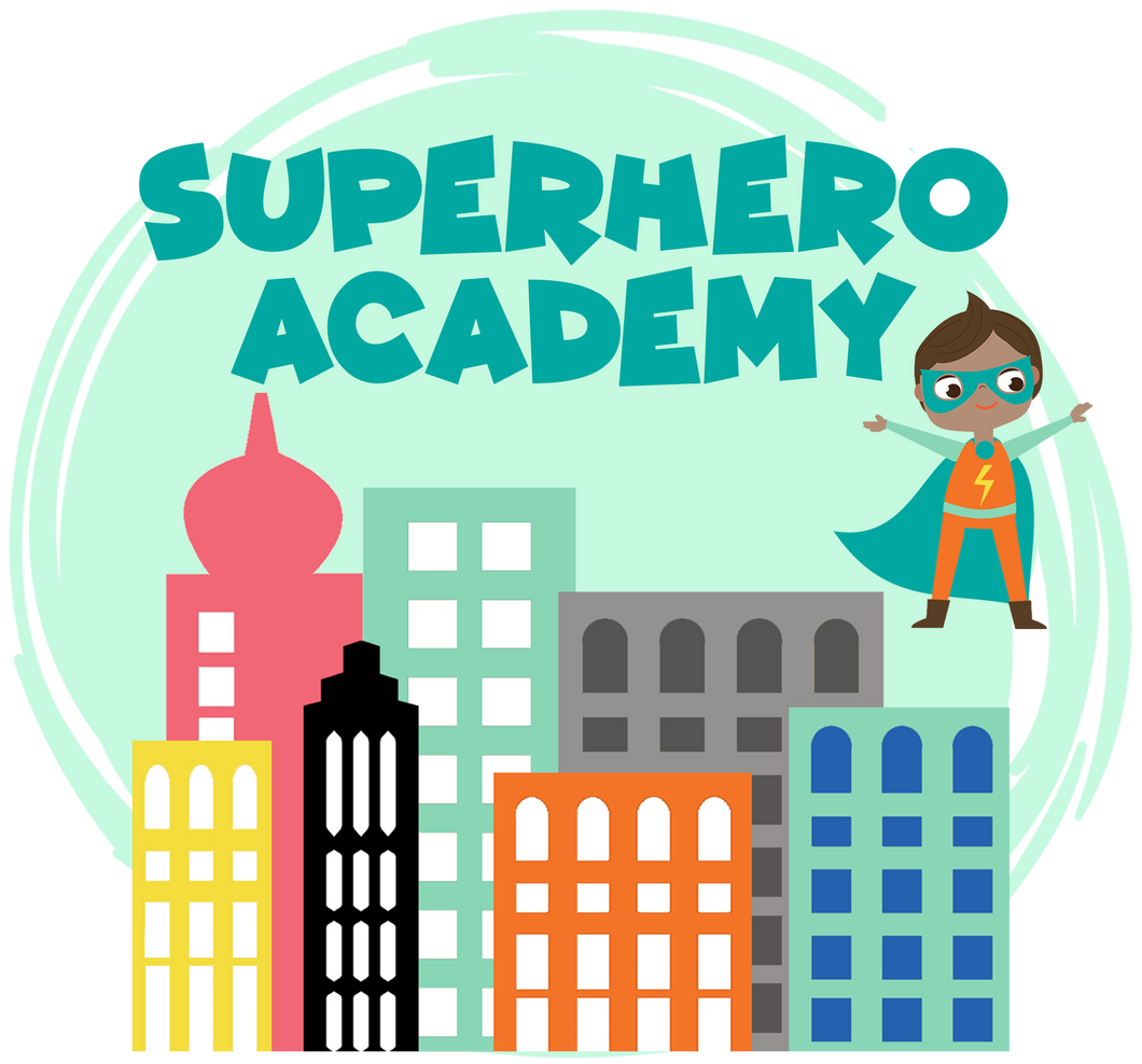 City and superhero graphics with Superhero Academy text