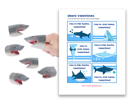 Shark Valentines for Kids: Shark Finger Puppet + Valentine's Day Cards Kit for Girls + Boys (set of 6)